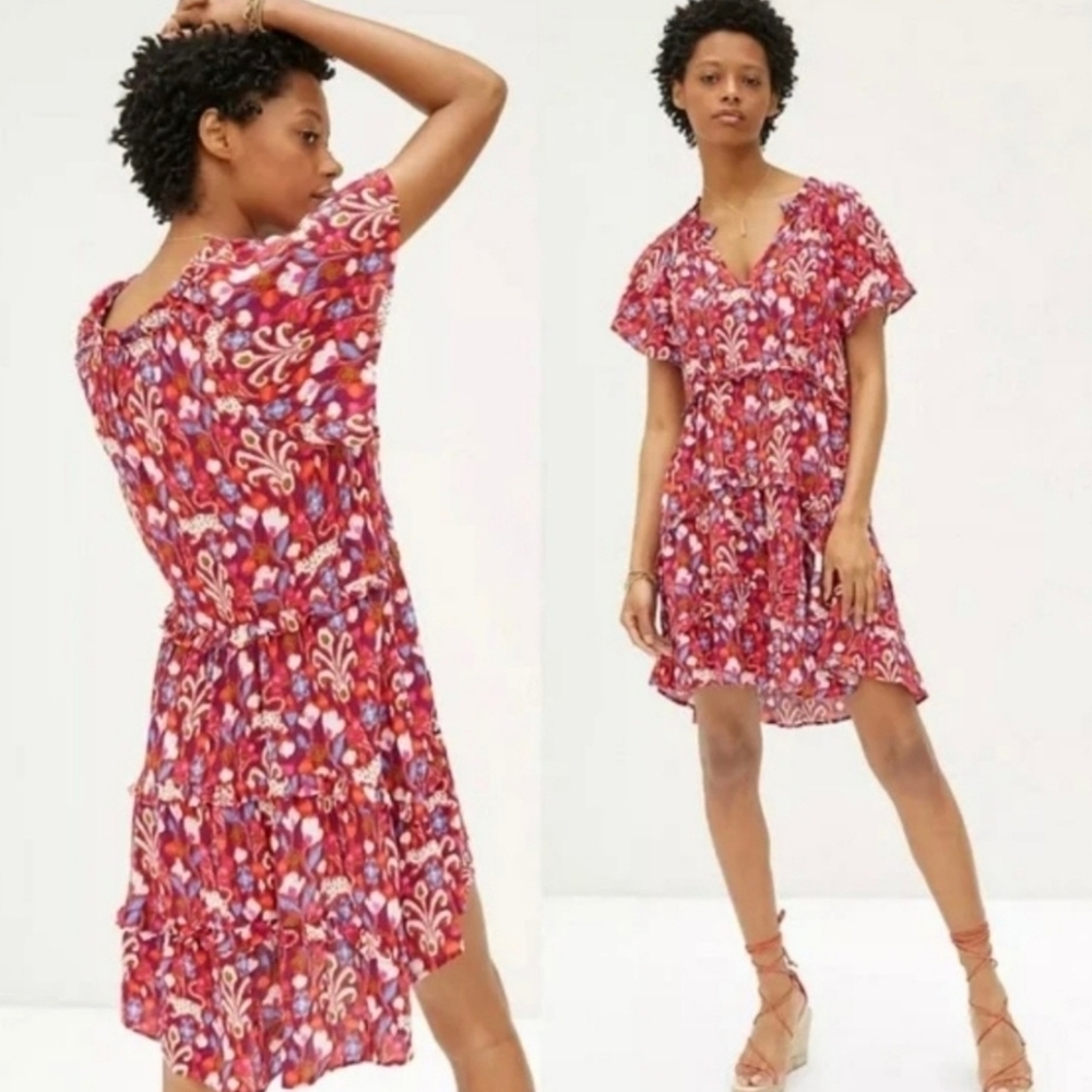 Anthropologie Robin Floral Ruffle Tiered Mini Dress Size XSP